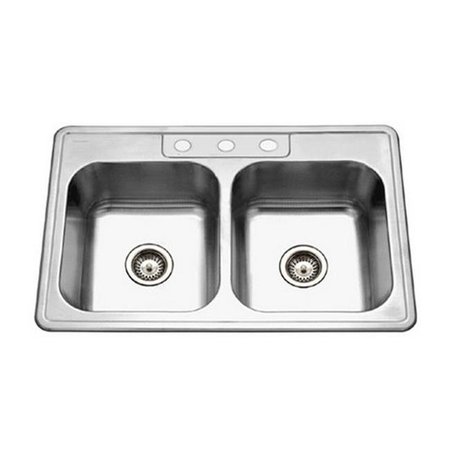 HOUZER Houzer 3322-8BS3-1 8 in. Deep Glowtone Series Topmount Stainless Steel 3 Hole 50 & 50 Double Bowl Kitchen Sink 3322-8BS3-1